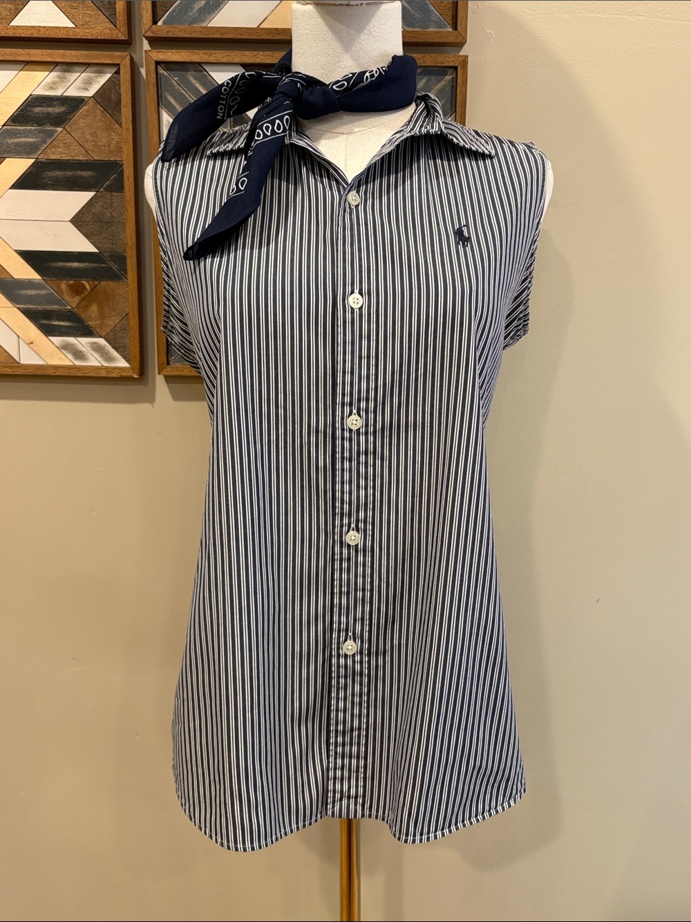 Vintage Ralph Lauren Polo Sport Sleeveless Striped Cotton Button Down Top size 8